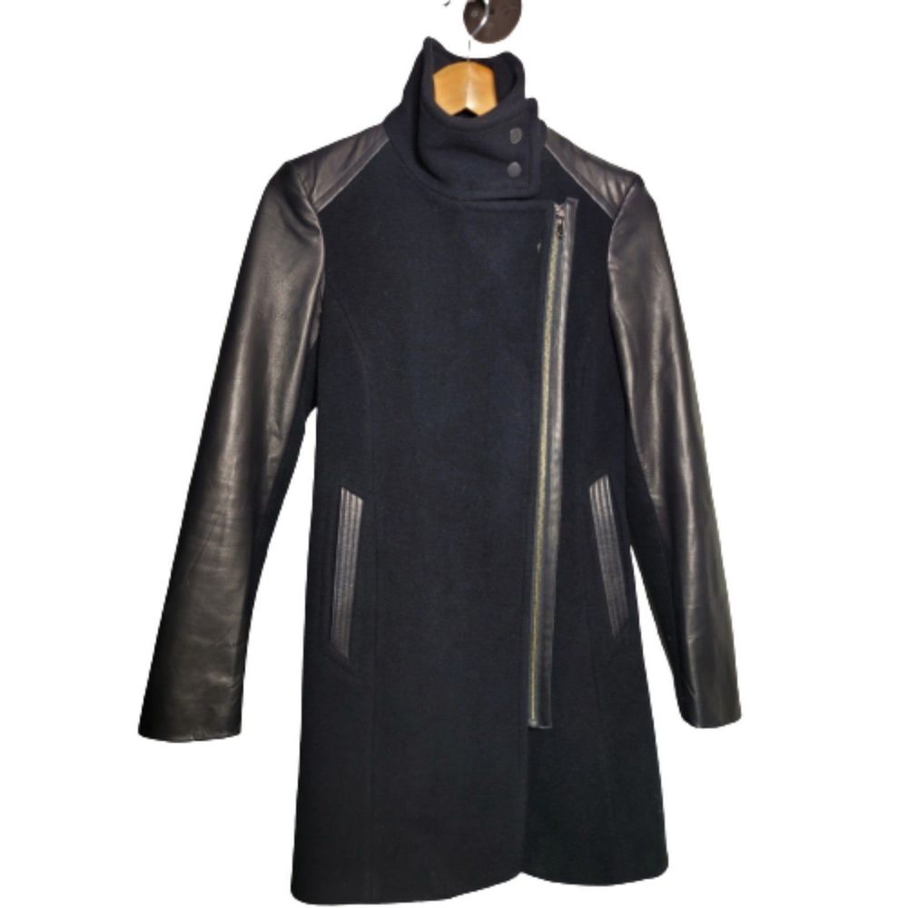 Caché Asymmetric Leather Wool Midi Coat Black XS
